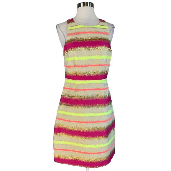 Colorful Striped Cut Out Sheath Dress Size 4 Pink & Gold T-Back by Laundry - Picture 1 of 11